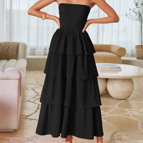 Women‘s Summer Boho Strapless Maxi Dress 2025 Casual Sleeveless Off Shoulder Smo